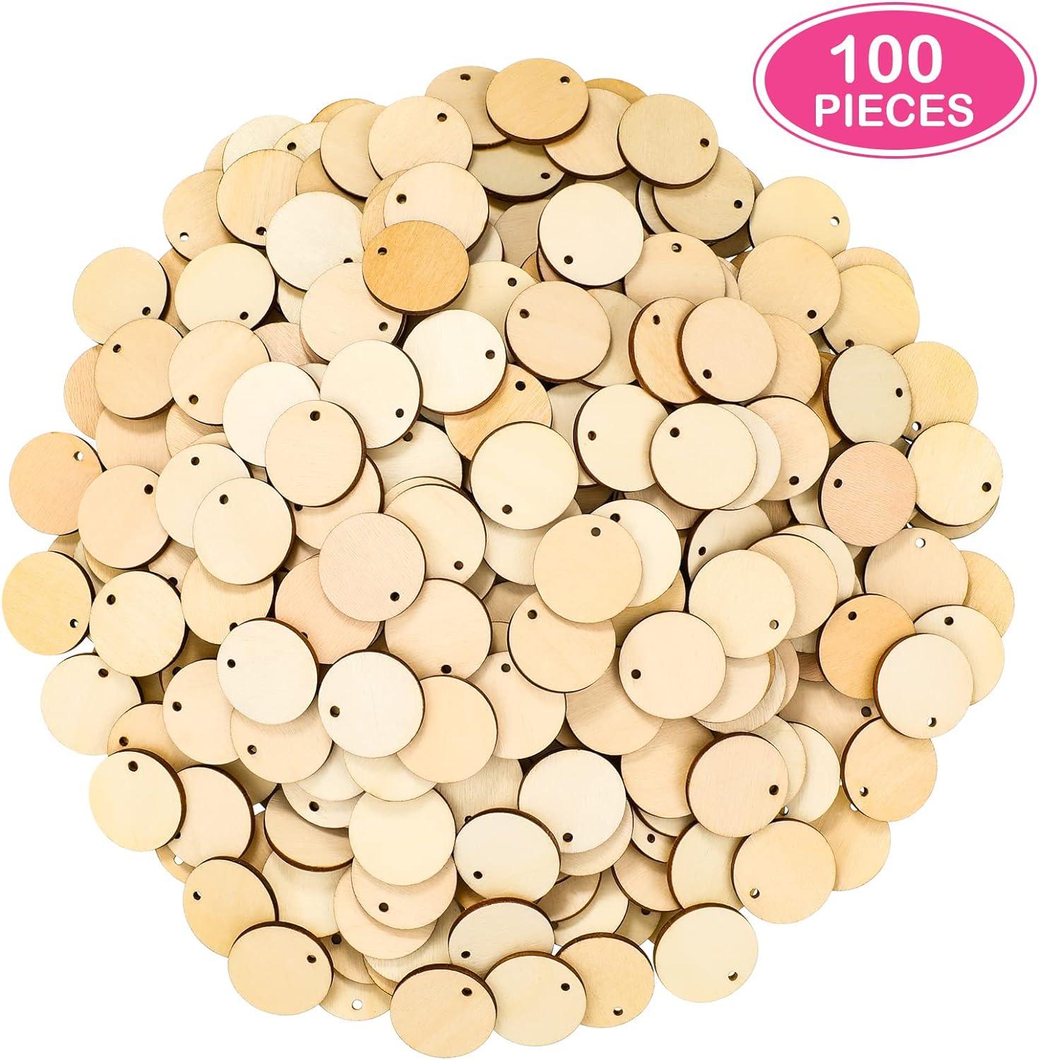 100 Pieces Unfinished Round Wooden Circles with Holes Round Wood Discs for Crafts Blank Natural Wood Circle Cutouts for DIY Crafts Party Birthday Christmas Decoration (2 Inch) - Haoser