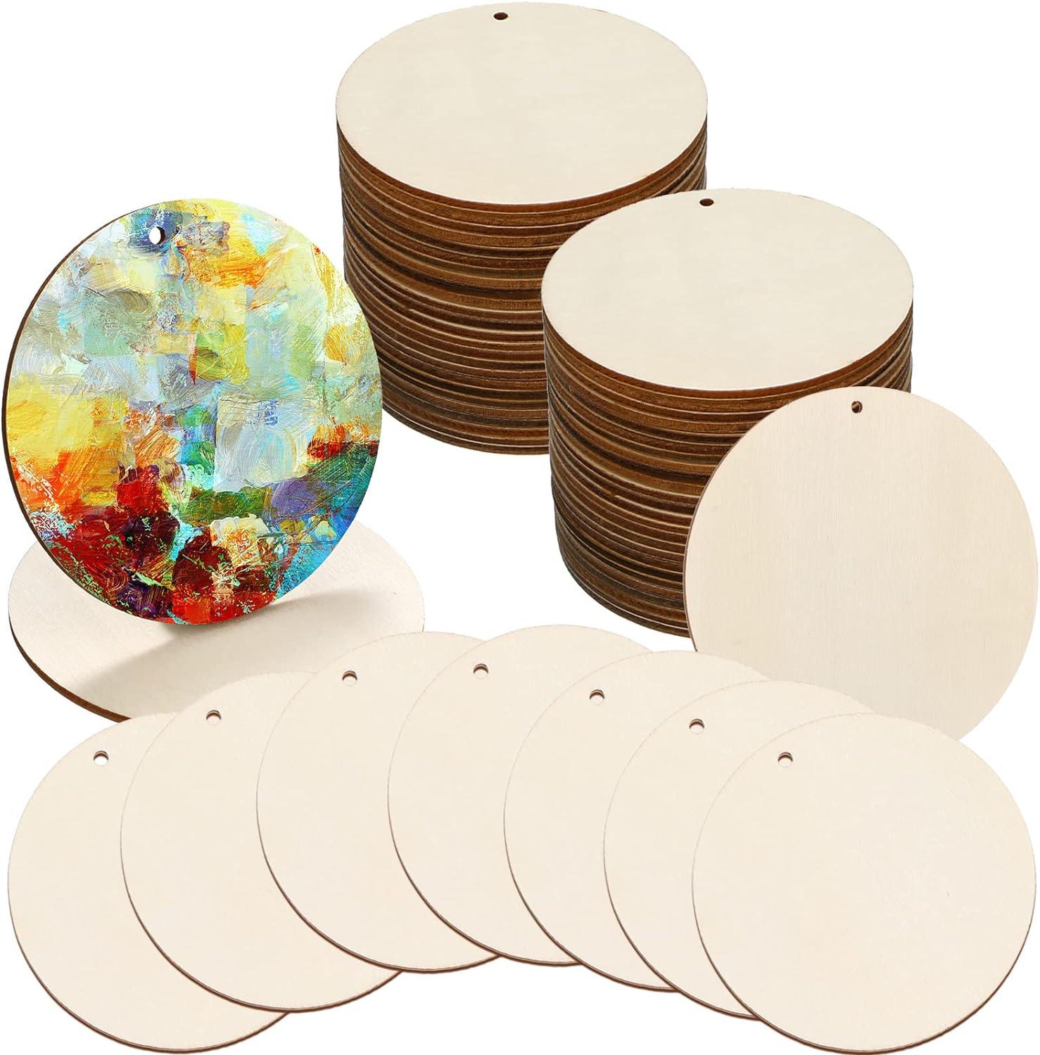 100 Pieces Unfinished Round Wooden Circles with Holes Round Wood Discs for Crafts Blank Natural Wood Circle Cutouts for DIY Crafts Party Birthday Christmas Decoration (2 Inch) - Haoser
