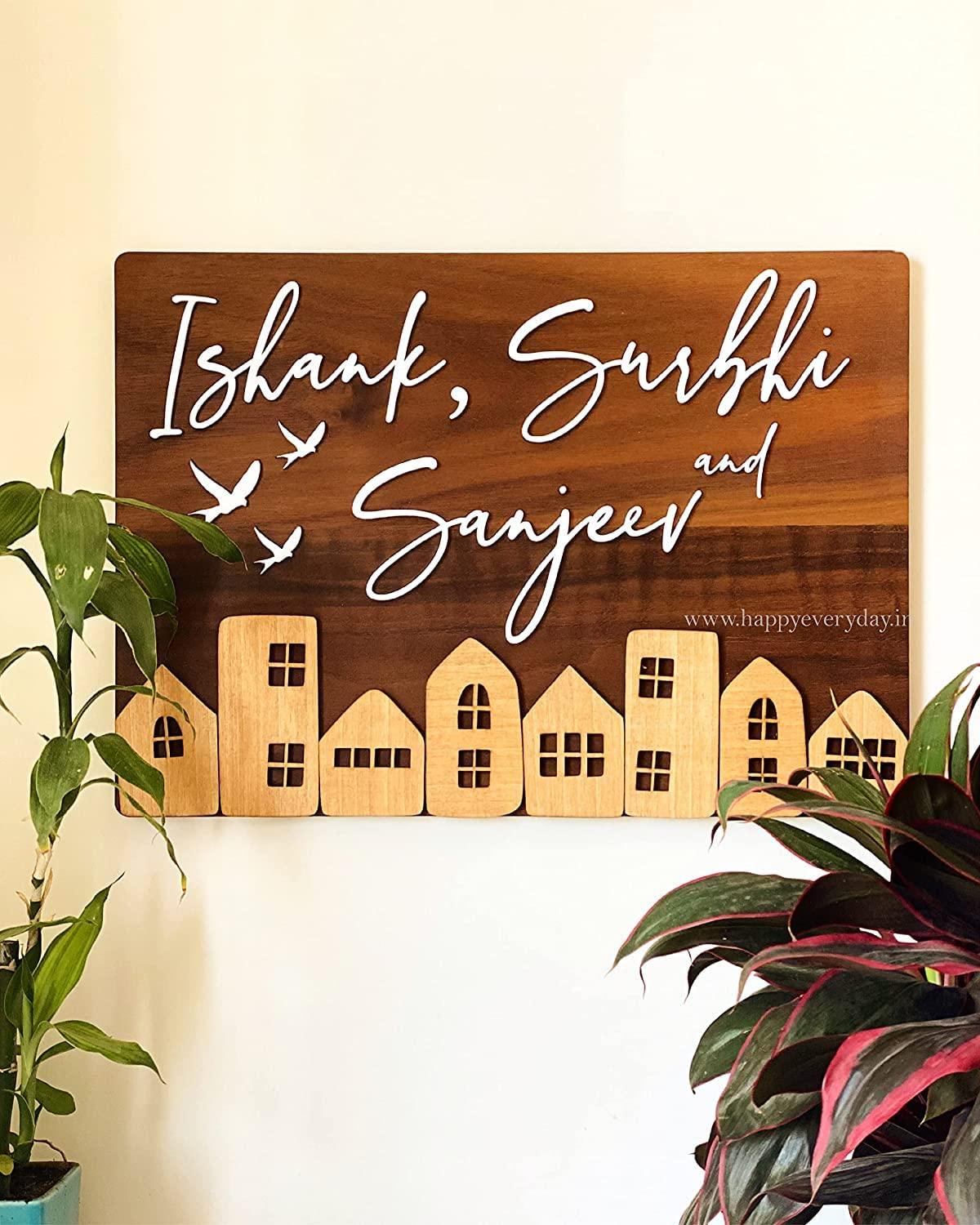 Name plate for home entrance | Door name plates | Wood Personalized Name Plate with 3D Letters | | Name Plate For Home, Office & Outdoor Entrance | 15X30 cm | Gift (Design 1) - Haoser