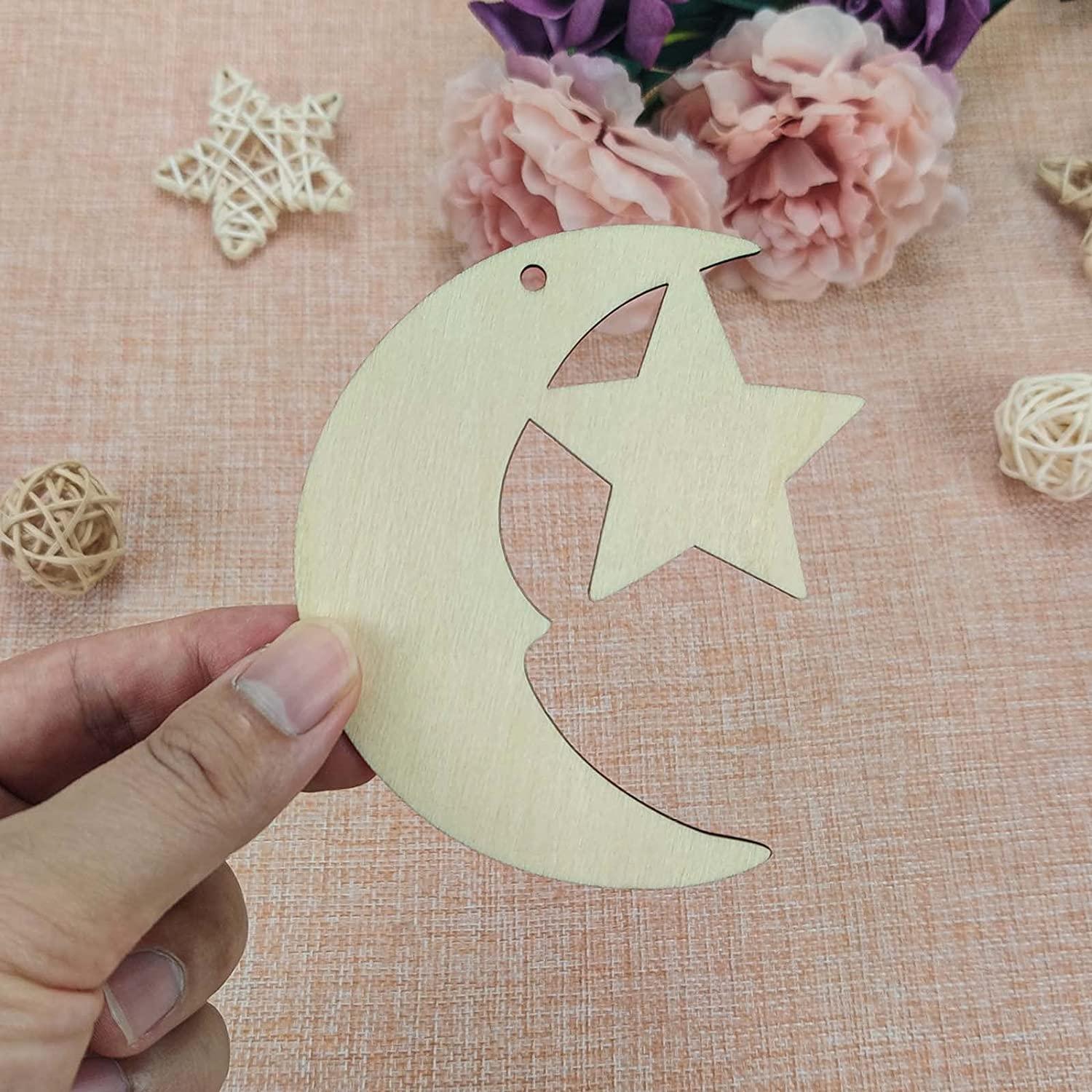 Haoser 10 Pack eid Moon décor,Stars and Moon Decoration, Wooden Moon Star Shaped Hanging Ornaments with Hole for Ramadan Decoration - Haoser