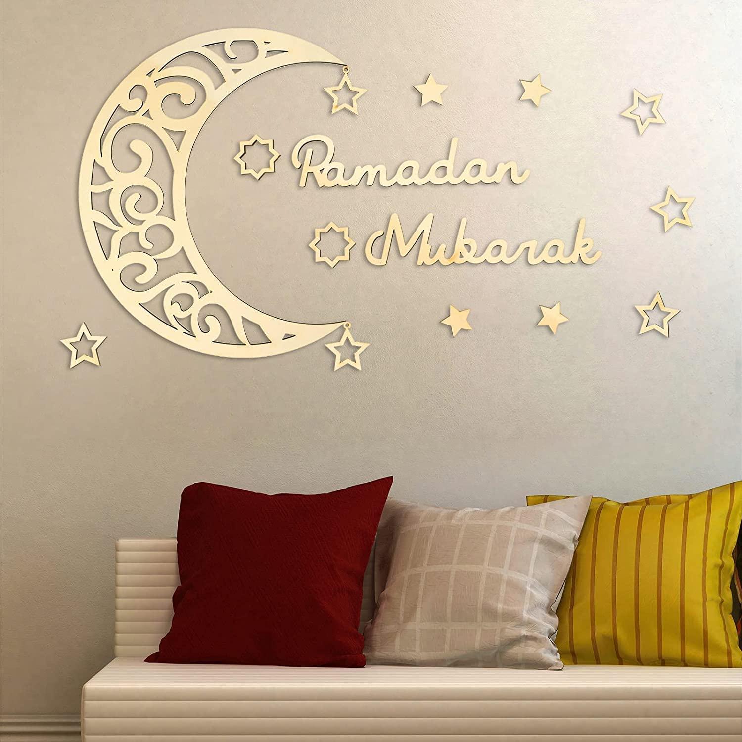 Haoser 15 Pieces Ramadan Decoration Eid Wall Decor Wooden Moon Star Ornament Ramadan Mubarak Sign,Ramadan Decorations for Home - Ramadan Decor - Haoser