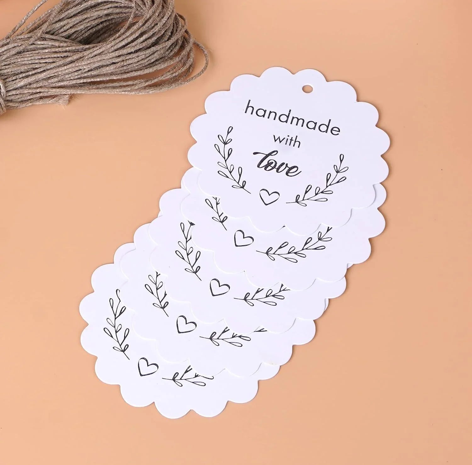 Scalloped Shaped Kraft Plain Paper Tags with Jute Twine, Perfect for Arts and Crafts, DIY, Wedding Party Favor - (Pack of 200) - Haoser