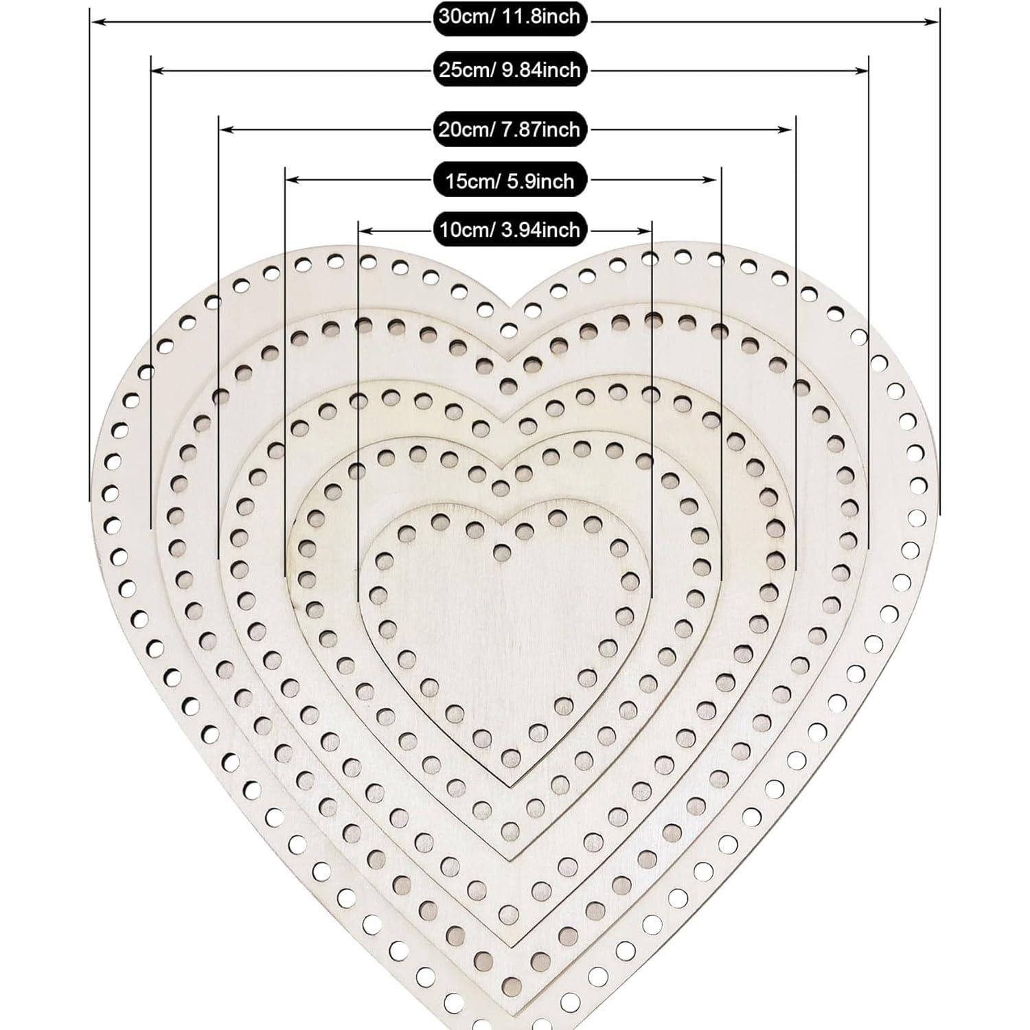 Haoser Heart-Shaped Crochet Knitting Basket Wood Base for DIY Basket Craft Weaving Making Supplies, Unfinished Wooden Base Laser Cut with Hole (5 Pieces, 5 Sizes) - Haoser