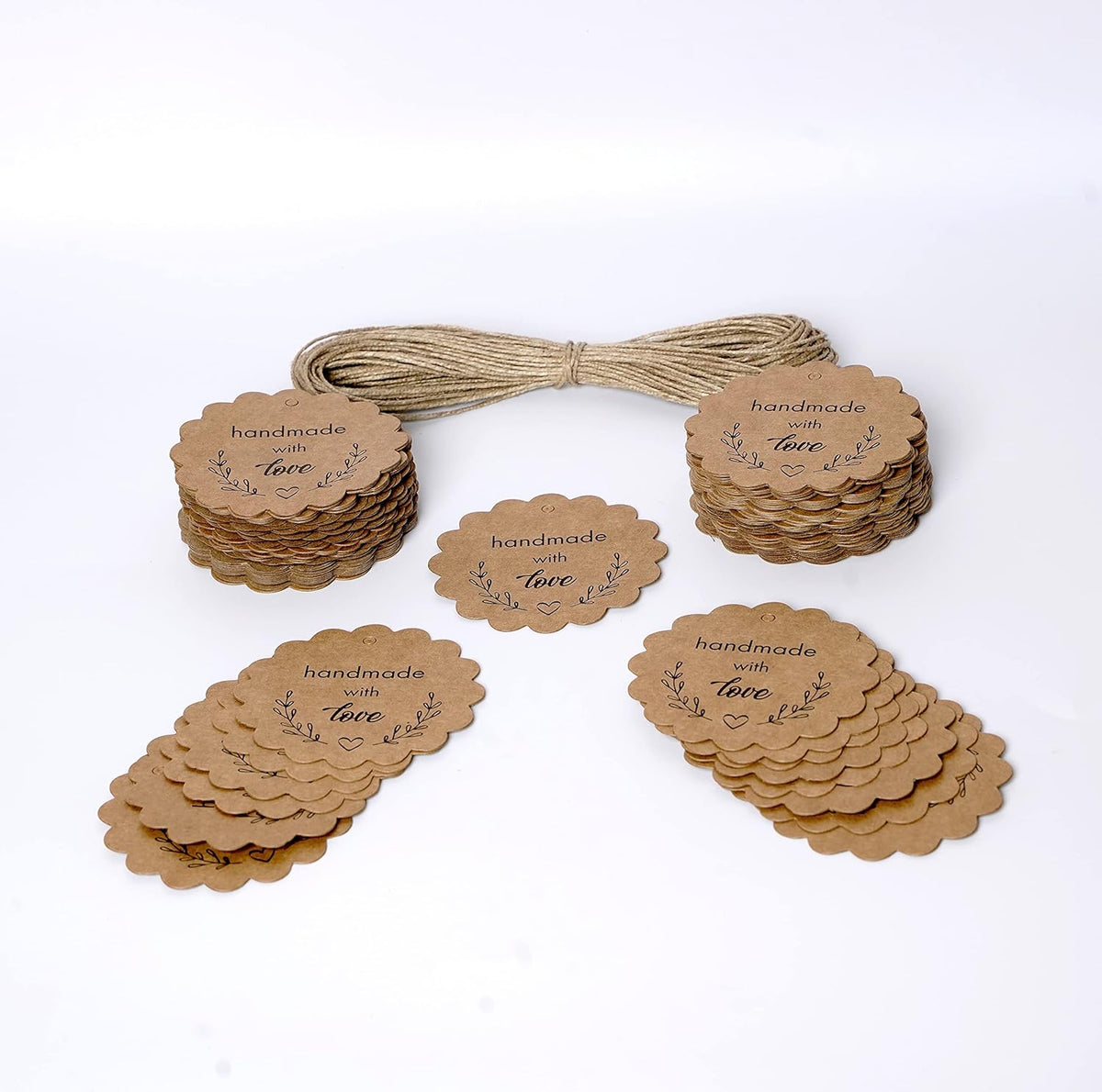 Scalloped Shaped Kraft Plain Paper Tags with Jute Twine, Perfect for Arts and Crafts, DIY, Wedding Party Favor - (Pack of 200) - Haoser