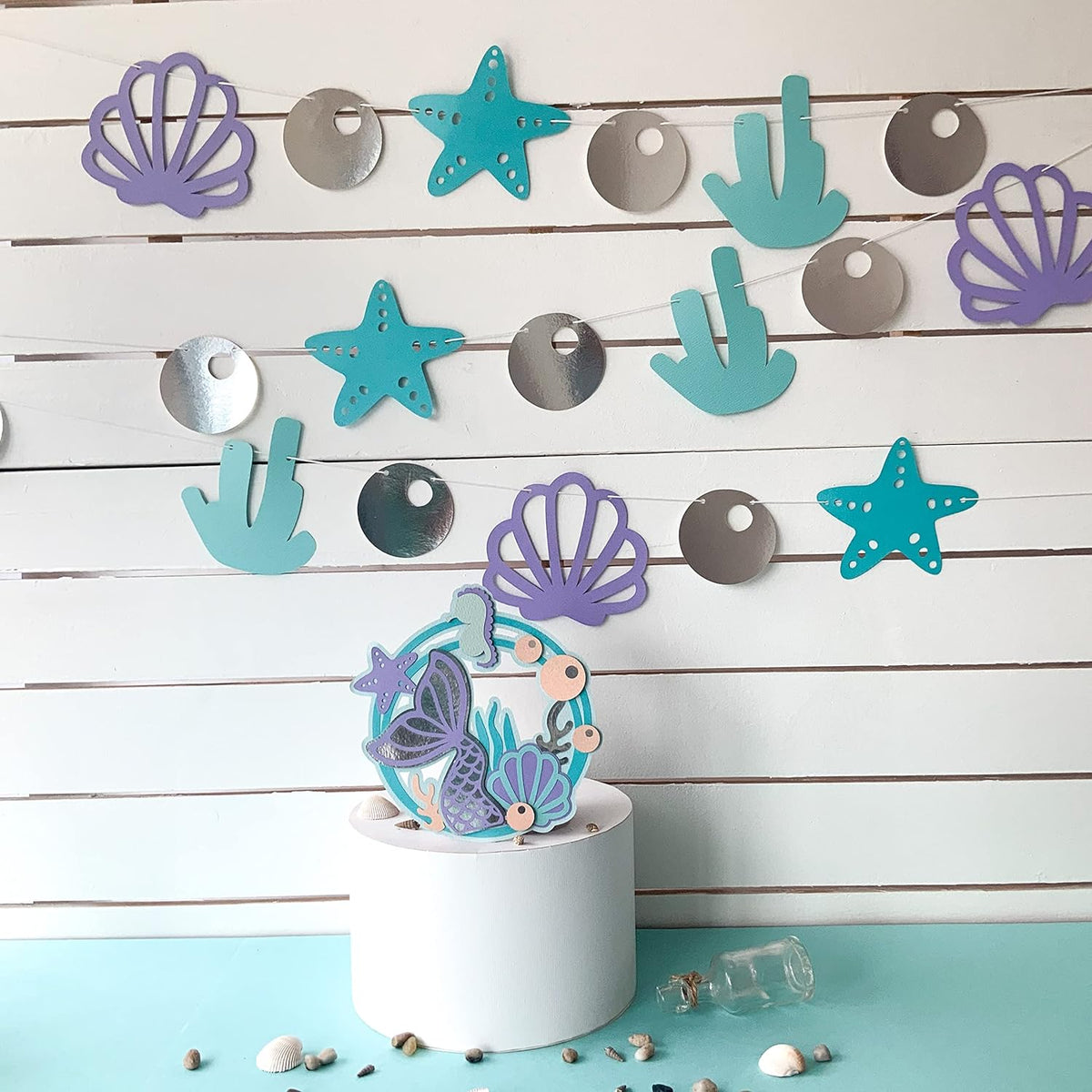 Mermaid Theme Paper Bunting, 18 Pieces, Mint, Aqua, Purple and Silver, 67 inches in Length - Haoser