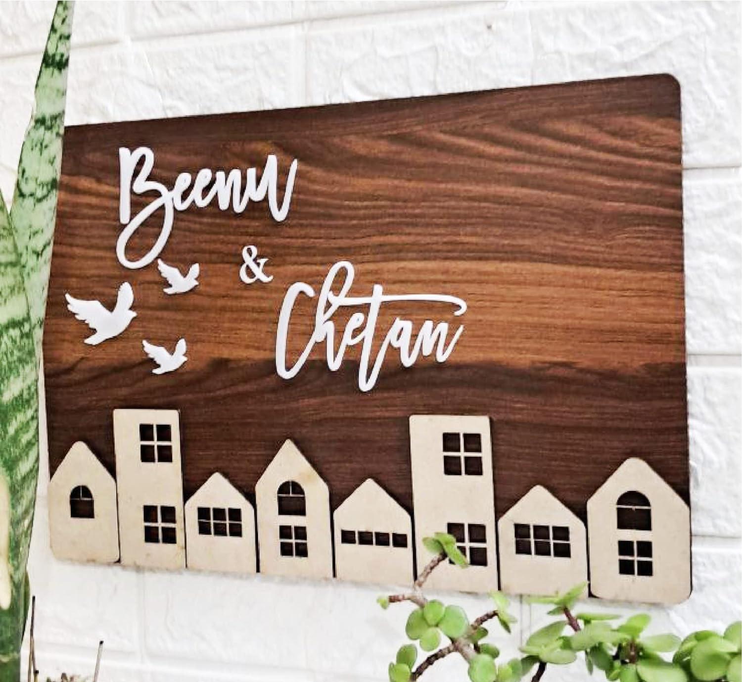 Name plate for home entrance | Door name plates | Wood Personalized Name Plate with 3D Letters | | Name Plate For Home, Office & Outdoor Entrance | 15X30 cm | Gift (Design 1) - Haoser