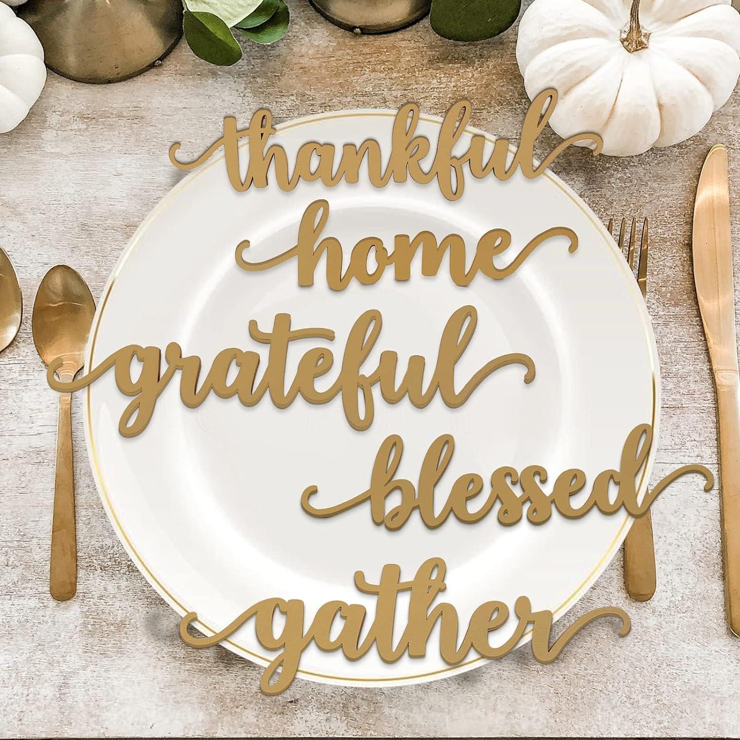 Haoser 5 PCS Thankful Grateful Blessed Gather Home Tablescape Words Laser Cut Wood Plate Letter Sign - Haoser