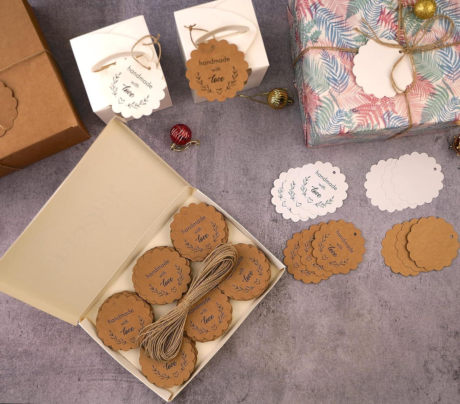 Scalloped Shaped Kraft Plain Paper Tags with Jute Twine, Perfect for Arts and Crafts, DIY, Wedding Party Favor - (Pack of 200) - Haoser