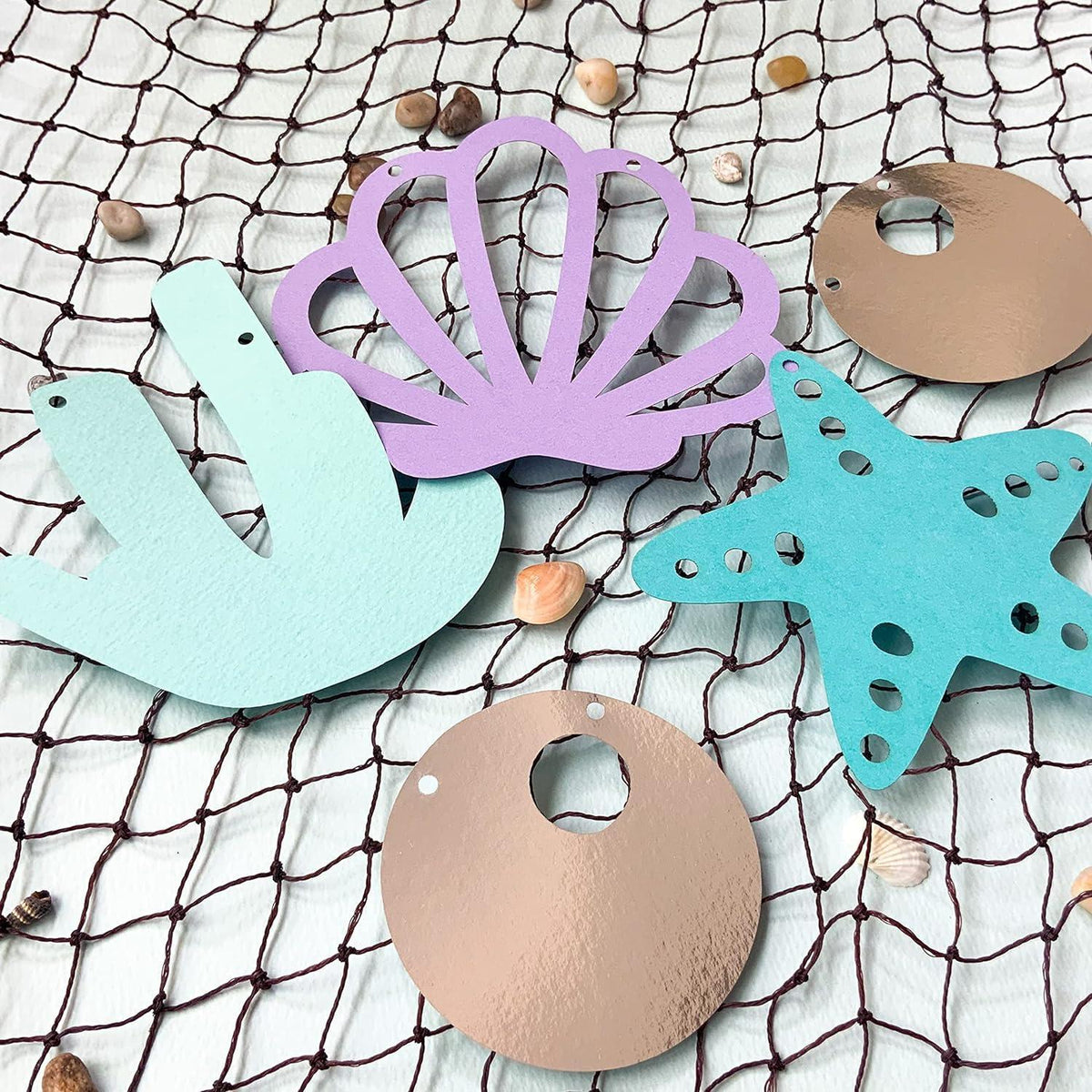 Mermaid Theme Paper Bunting, 18 Pieces, Mint, Aqua, Purple and Silver, 67 inches in Length - Haoser